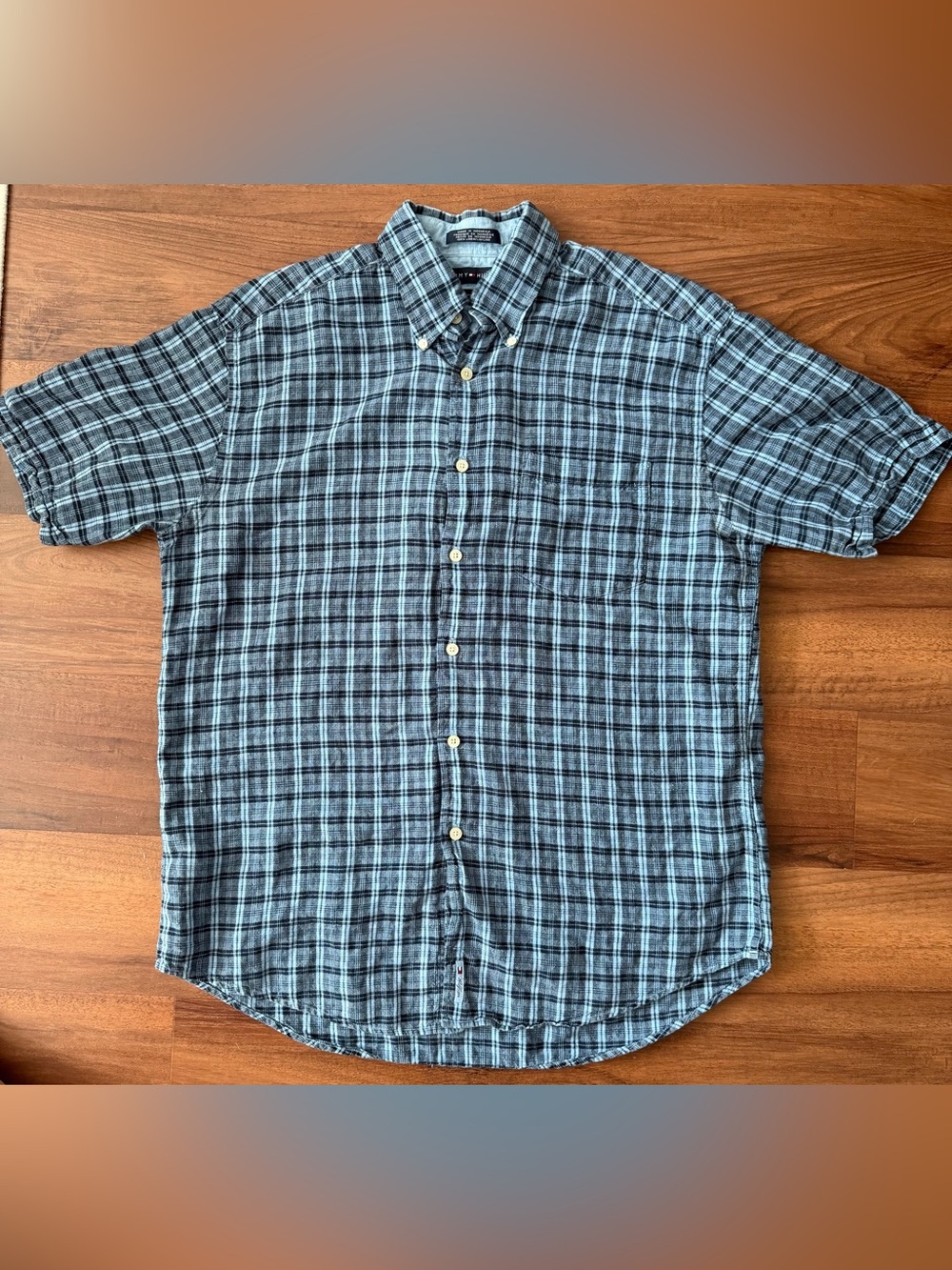 Tommy Hilfiger Men’s Linen Blue Short-Sleeve Button-Down Shirt, Large